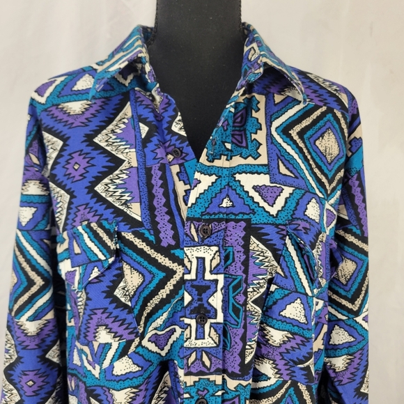 Vtg KARMAN Vibrant Purple Blue Tribal Aztec Button Down Shirt - Picture 2 of 7